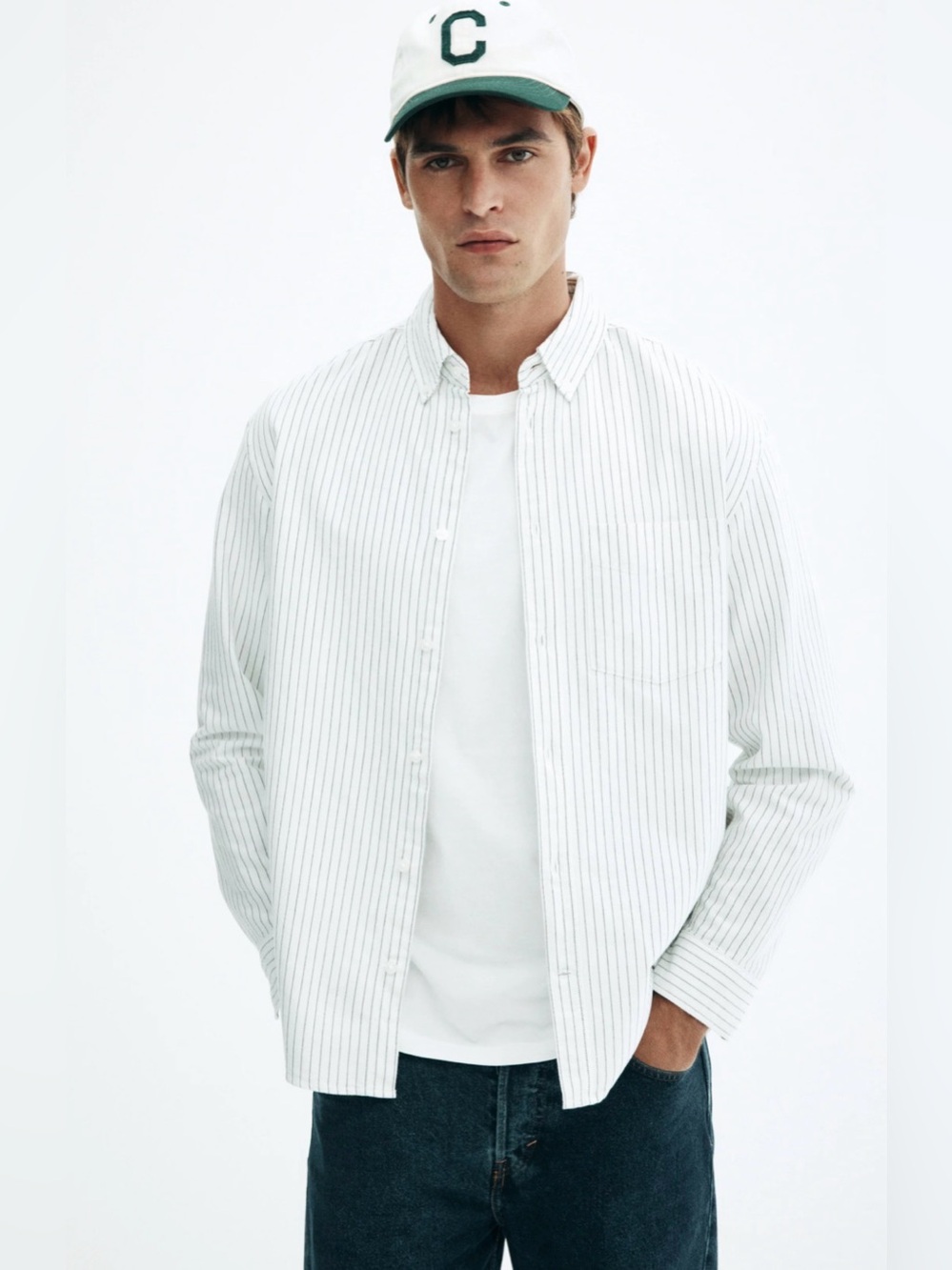 H&M Oxford Long Sleeve Button-Down Shirt Regular Fit White/Black Pinstriped L